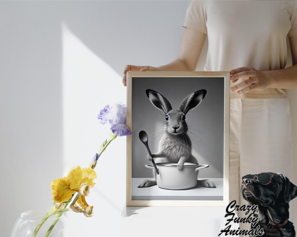 Rabbit Holding a Spoon over a Cooking Pot Funny Kitchen Black and White Poster - Image 3