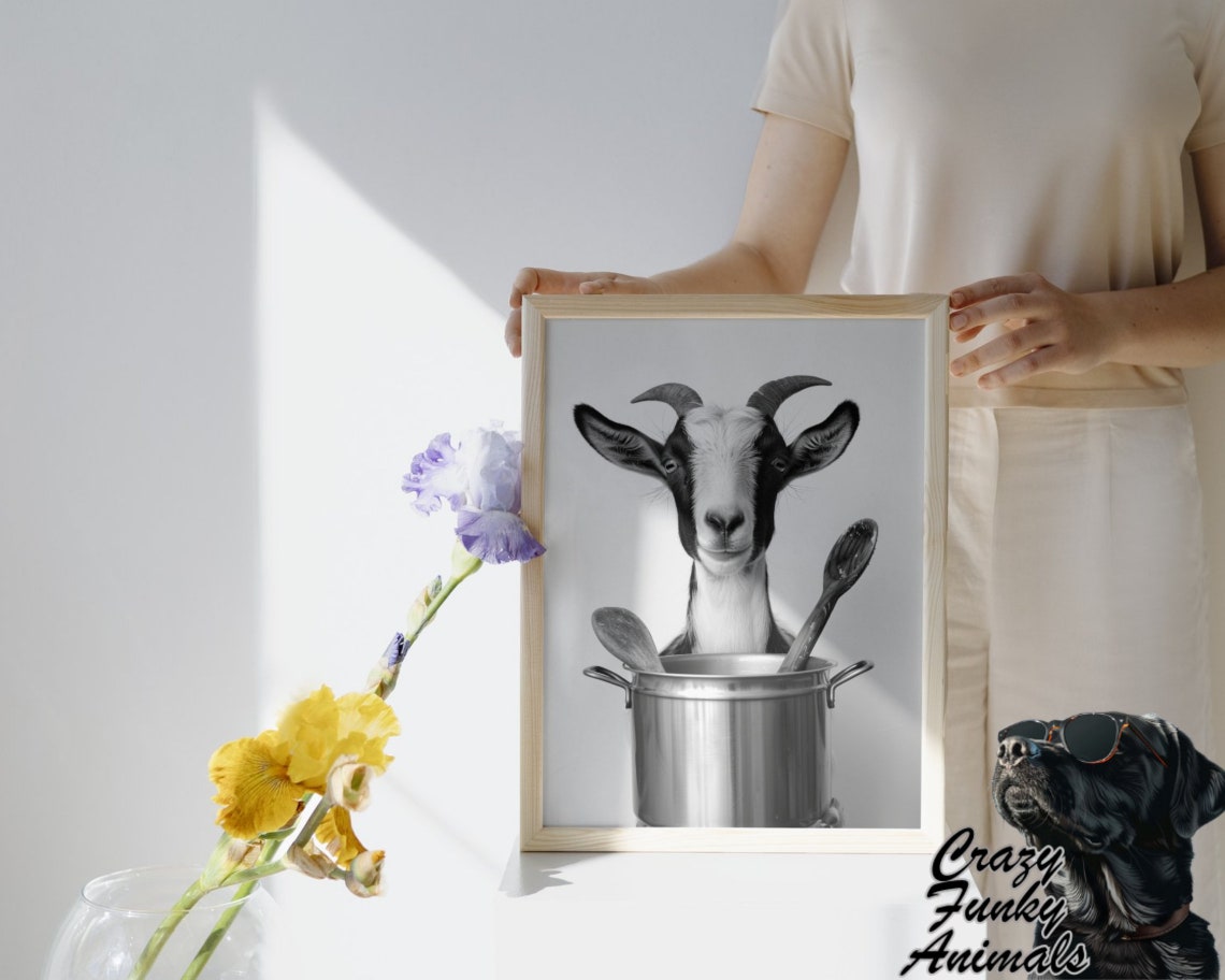 Funny Smiling Goat Peeking Out of a Cooking Pot Kitchen Poster - Image 3
