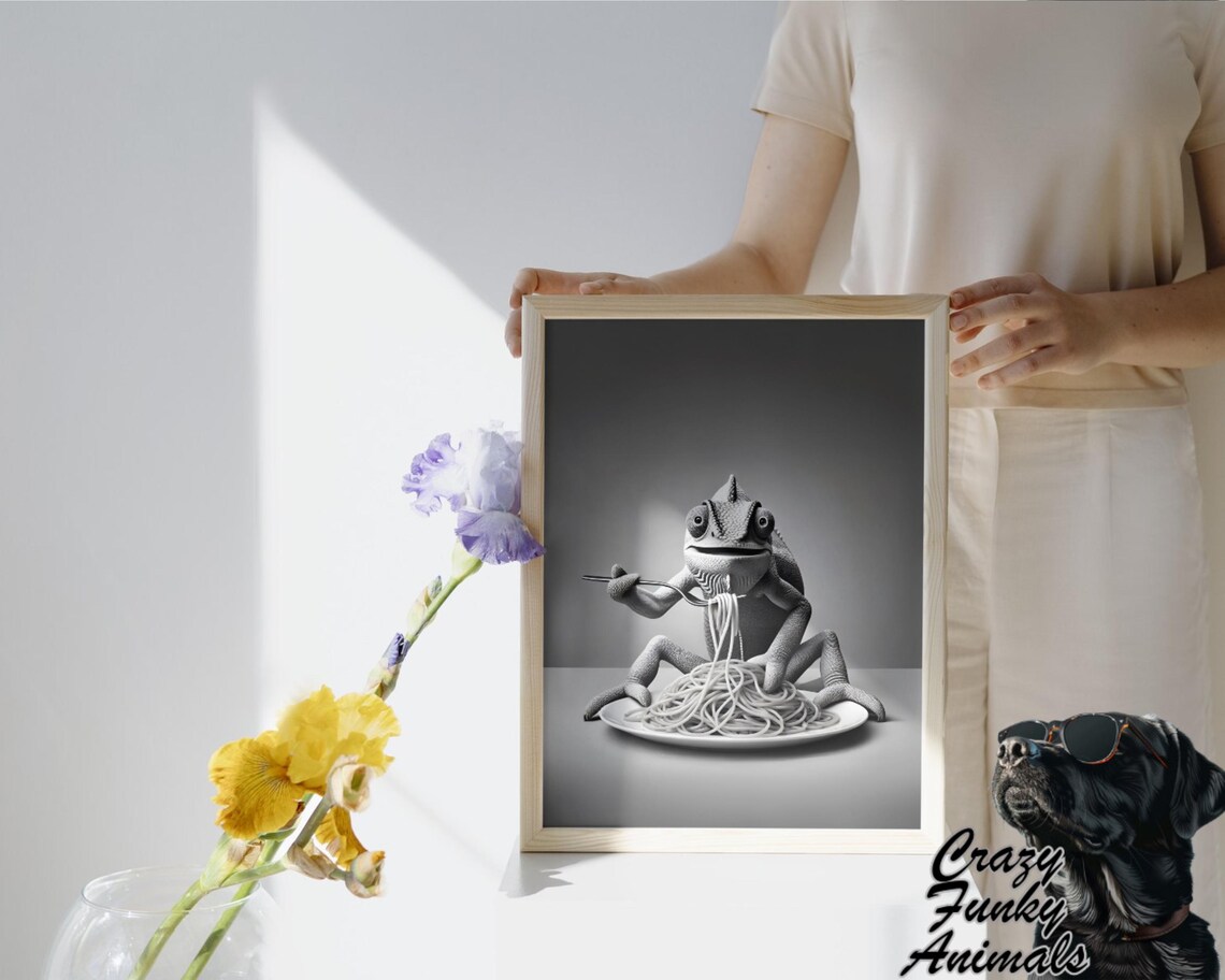 Funny Chameleon With Spaghetti, Kitchen Humor Poster - Image 3