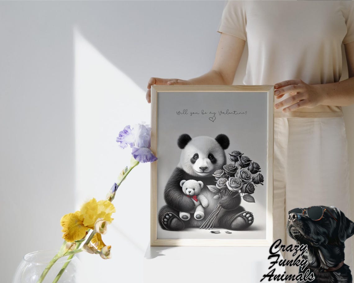 Panda Hugging a Teddy Bear with a Rose Bouquet Funny Valentine Poster - Image 3