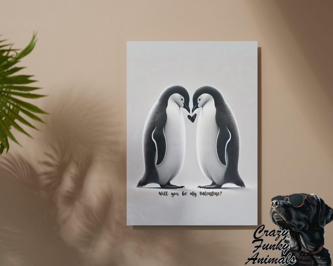 Two Penguins Touching Beaks Sharing a Heart Valentine Funny Poster - Image 2