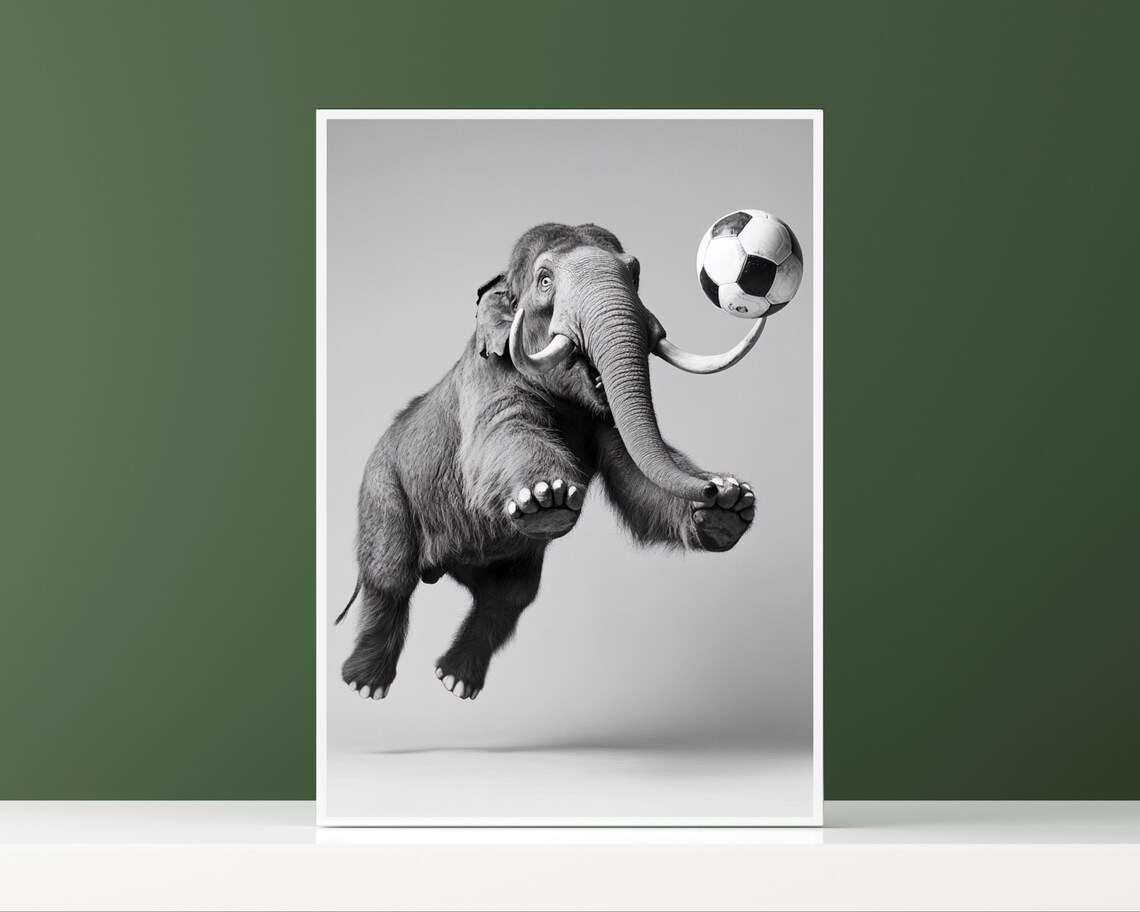 Young Elephant Juggling a Soccer Ball on Its Tusk Funny Sports Poster - Image 3