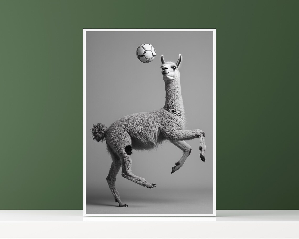 Llama Heading a Soccer Ball Mid Leap Funny Sports Black and White Poster - Image 3
