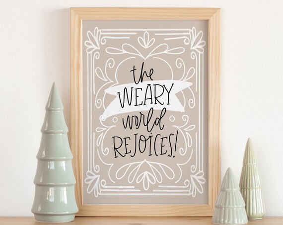 The Weary World Rejoices Neutral Christmas Carol Beige Wall Art