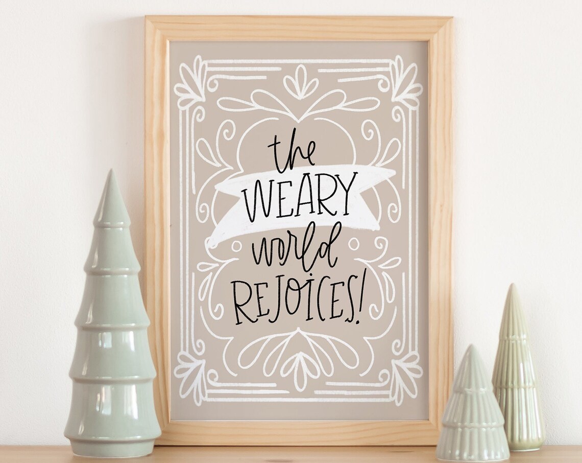 The Weary World Rejoices Neutral Christmas Carol Beige Wall Art
