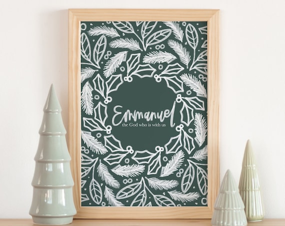Emmanuel the God Who is With Us Dark Green Wreath Christmas Poster