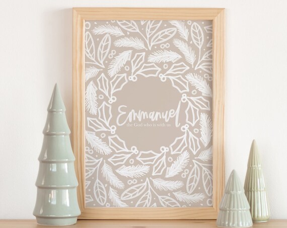 Emmanuel the God Who is With Us Neutral Christmas Wreath Poster