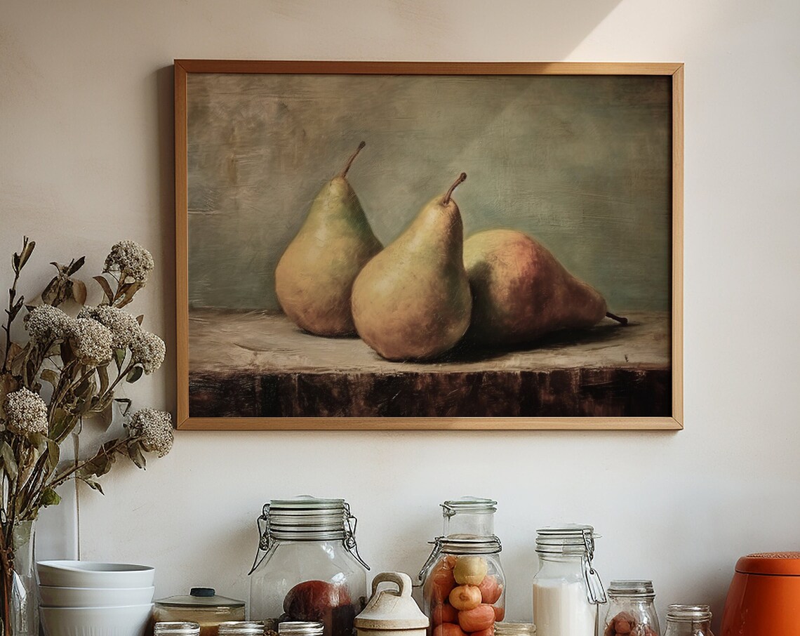 Moody Fruit Print Kitchen Vintage Painting Fruit Still Life Painting Fruit Pears Wall Art Rustic Still Life Wall Print - Image 4