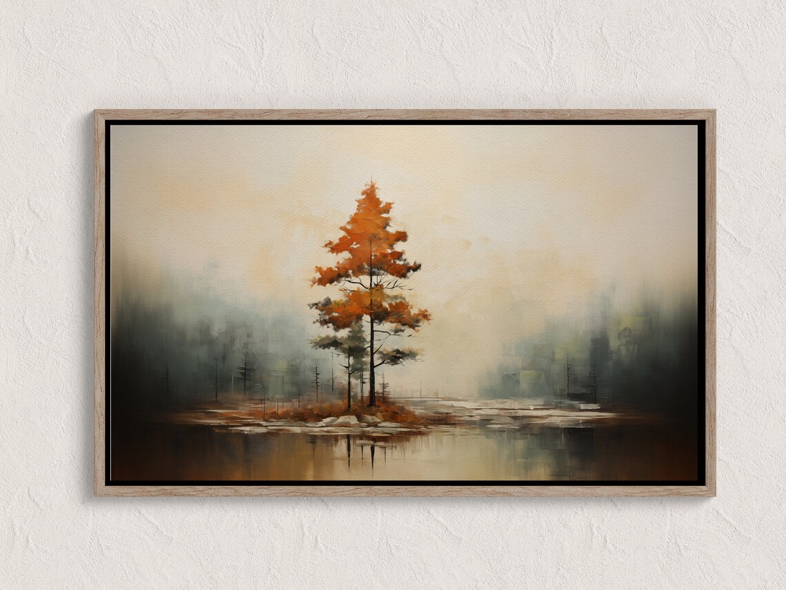 Solitary Autumn Tree Above A Misty Lake Vintage Oil Painting Poster