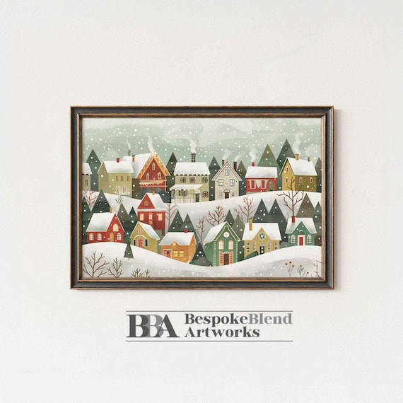 Scandinavian Snowy Village Folk Art Houses Winter Holiday Poster