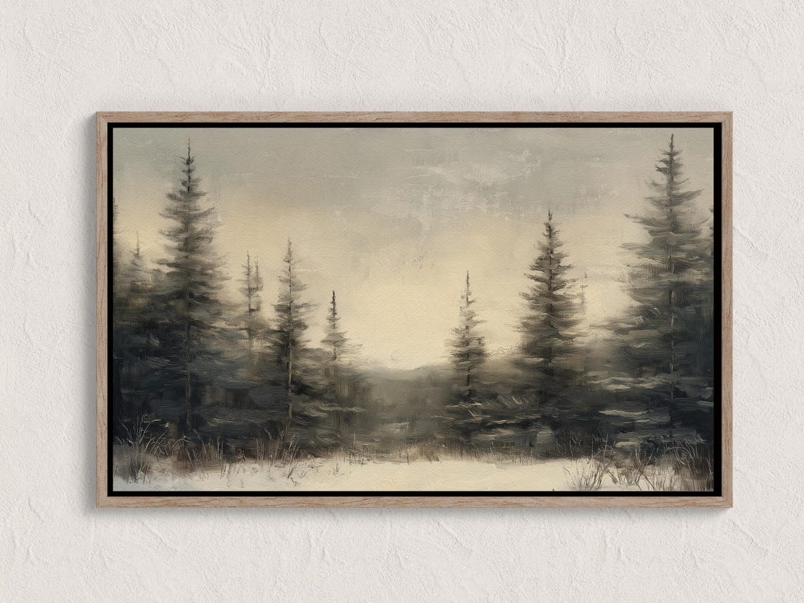 Winter Pine Forest Rustic Snowy Evergreen Landscape Painting Poster