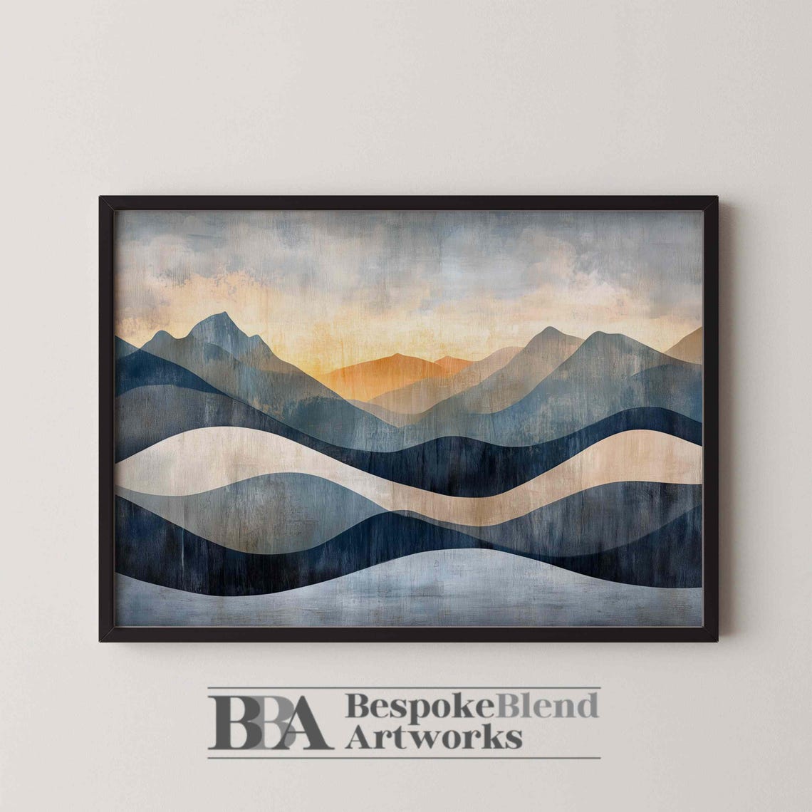Layered Mountain Abstract Sunrise Art Navy Blue Gold Painting Poster