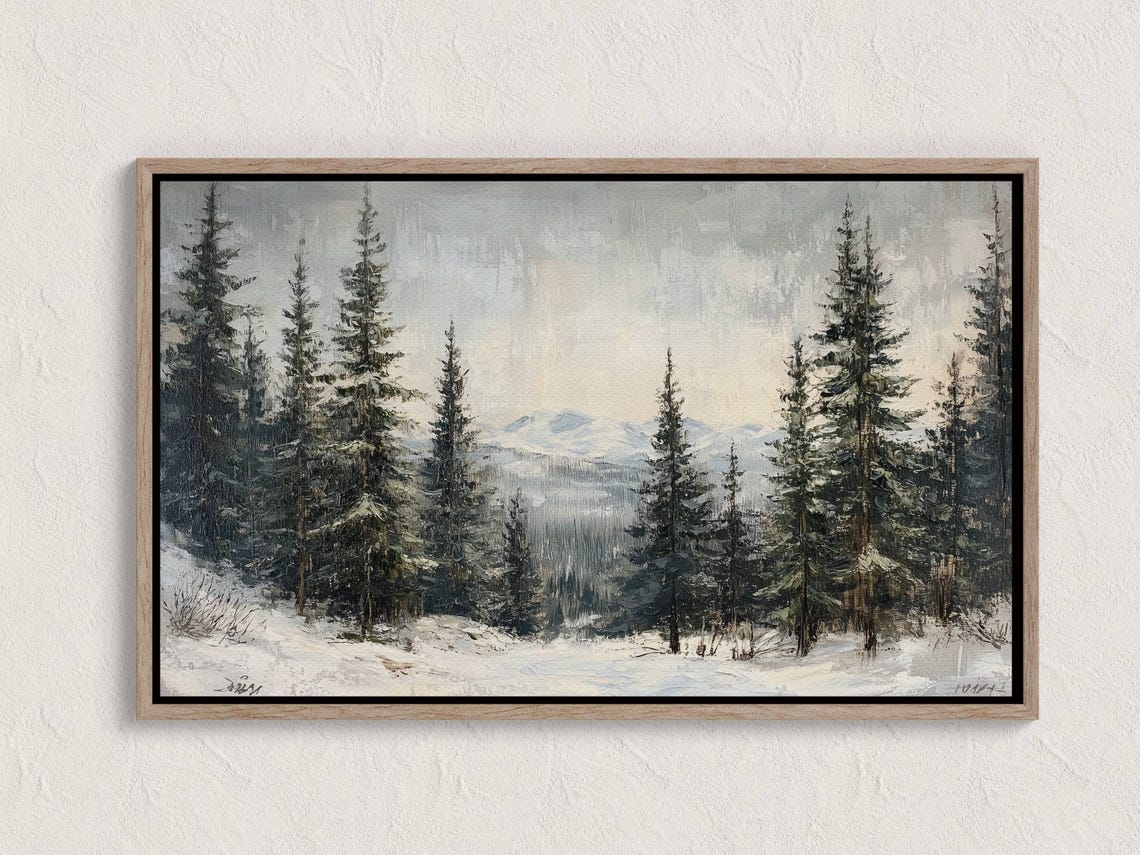 Snowy Pine Forest Mountain View Tall Winter Wonderland Art Print