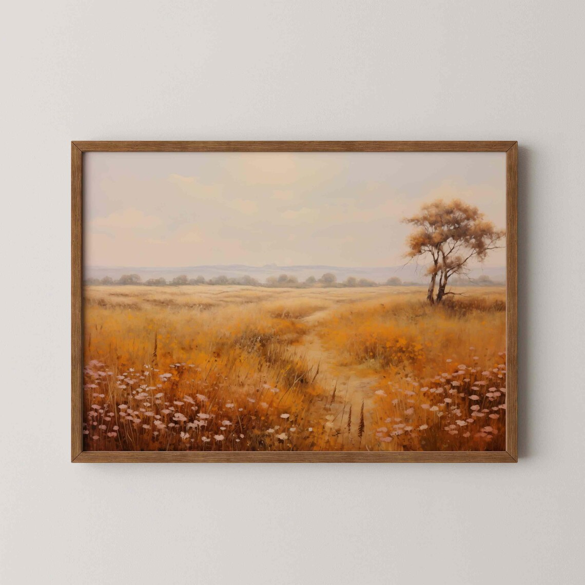 Vintage Wildflower Meadow Golden Path Lone Tree Oil Painting Poster