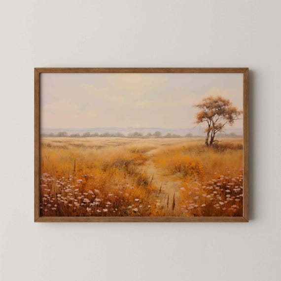 Landscape Artwork Vintage Art Oil Painting Of Wildflowers And Trees Neutral Tone Wall Serene Country Home Decor