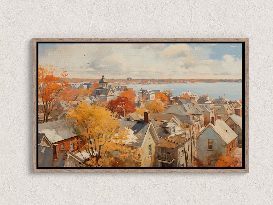 Autumn Coastal Town Rooftops Harbor View Fall Painting Wall Art