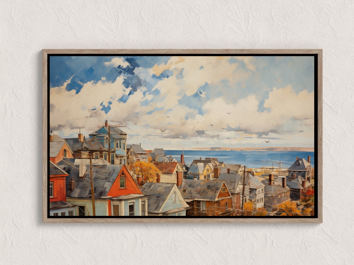 Fall Coastal Town Rooftops Blue Sky Autumn Painting Wall Art