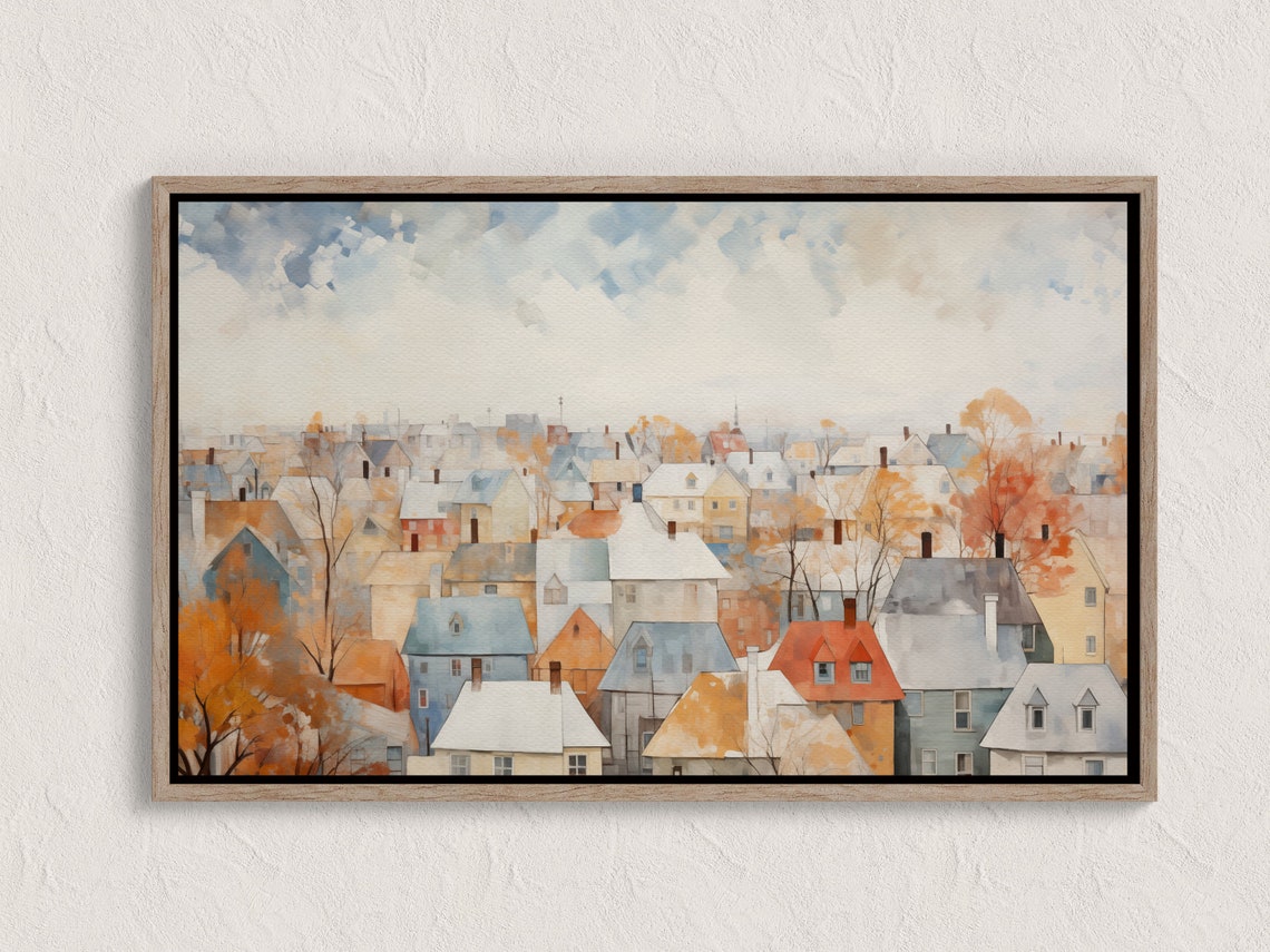 Autumn Rooftops Aerial Town View Fall Cityscape Watercolor Wall Art