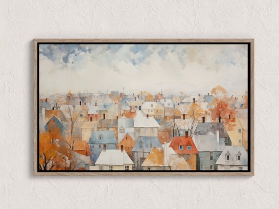 Fall Abstract Cityscape Painting Aerial View Of Town Architectural Oil Artwork Unique Rooftops Buildings Art Decor