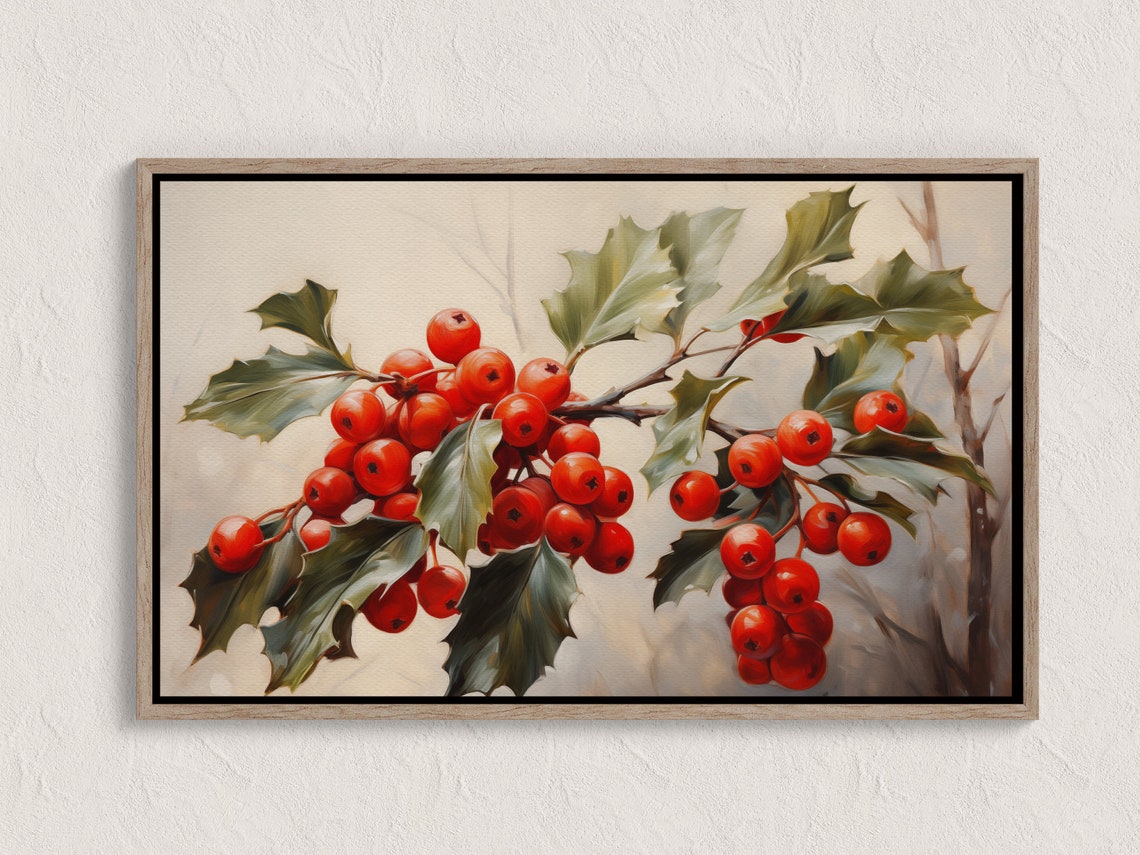 Vintage Red Holly Berries Branch Christmas Oil Painting Poster