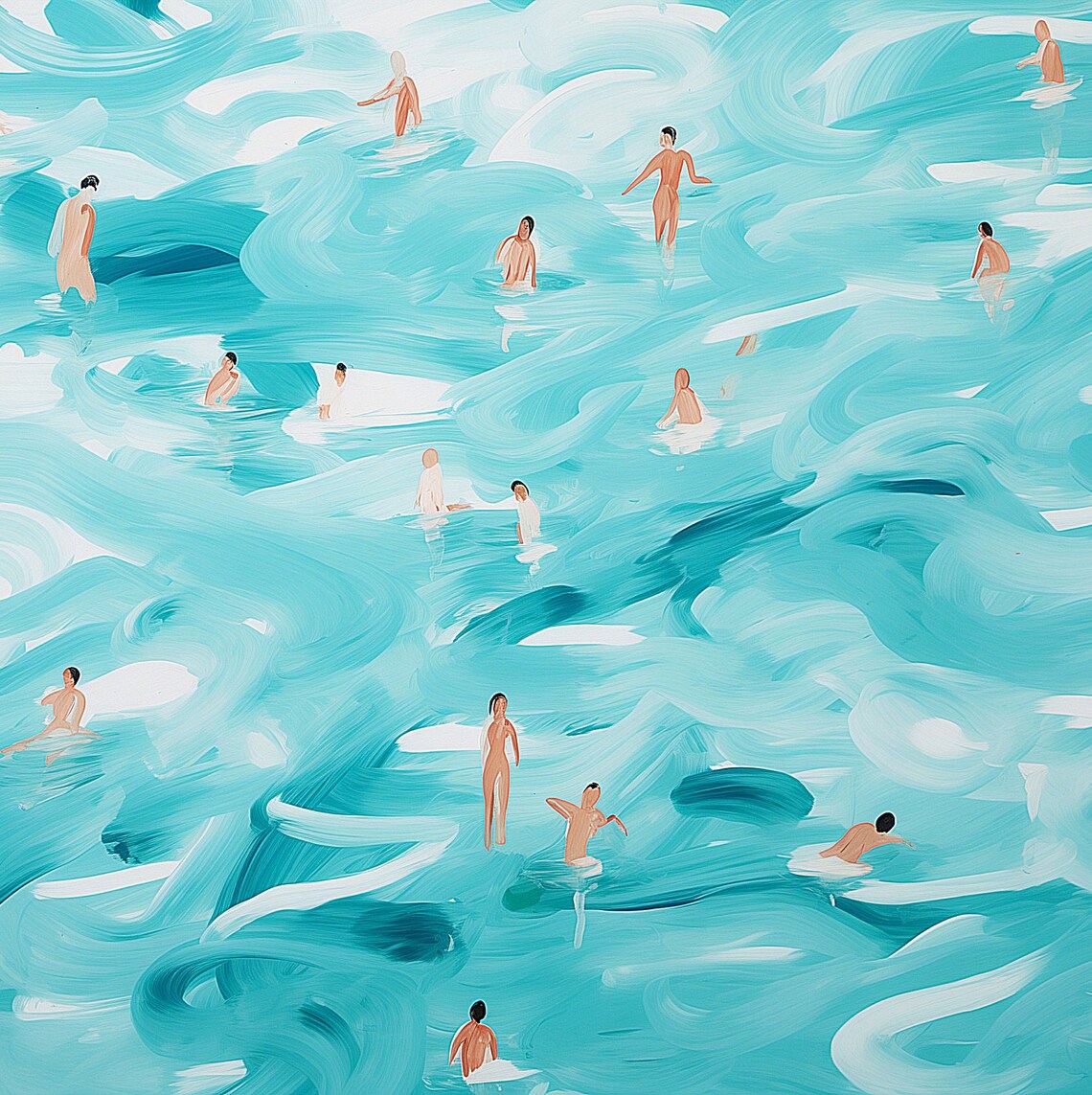 Abstract Turquoise Ocean With Tiny Swimmers Modern Pop Art Beach Poster - Image 2