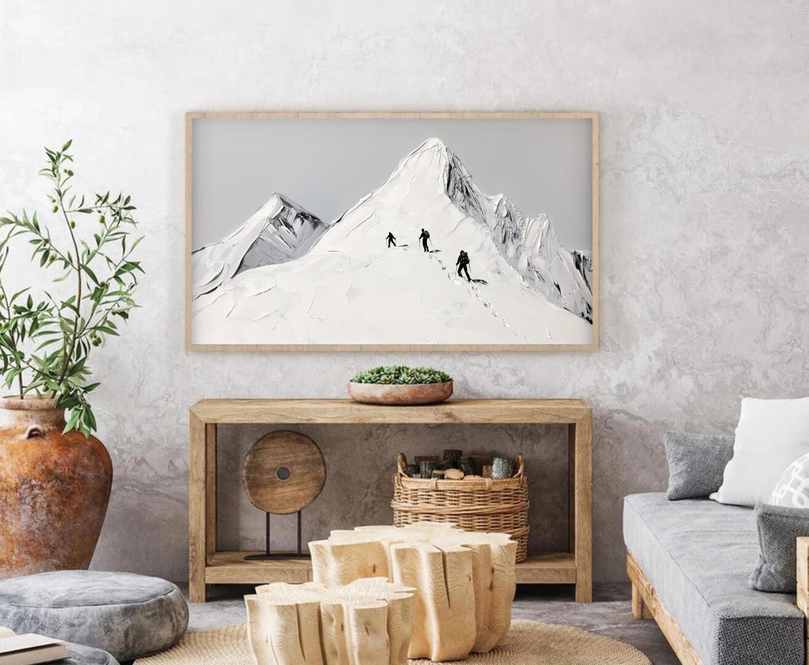 Minimalist Snowy Mountain Climbers Neutral Gray Tones Art Poster - Image 2