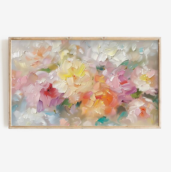 Pastel Abstract Floral Impasto Painting Bright Spring Blossom Wall Art