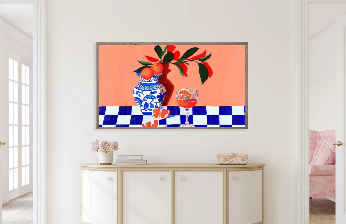 Citrus Still Life With Oranges Cocktail And Checkered Cloth Wall Art - Image 3