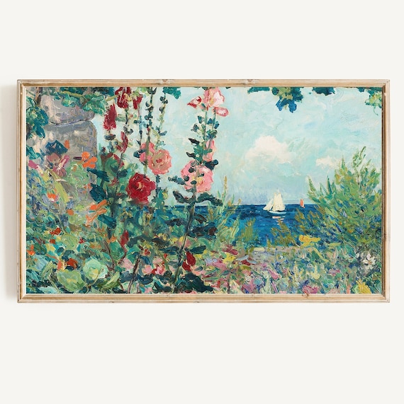 Wildflower Garden Overlooking Blue Sea Sailboats Coastal Summer Poster