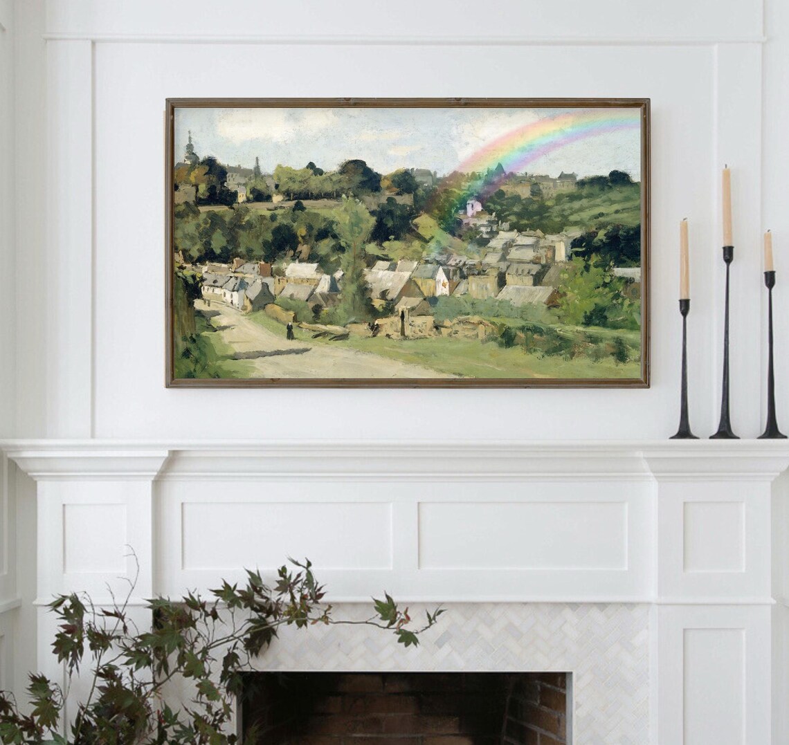 Vintage European Village Hillside Rainbow Landscape Oil Painting Poster - Image 5