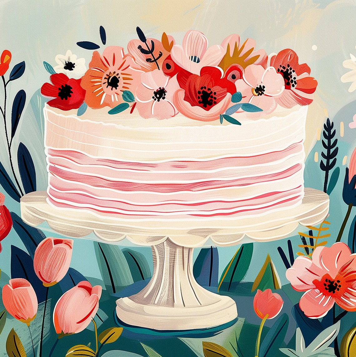 Floral Birthday Cake Stand Coral Blossoms Celebration Art Poster - Image 3