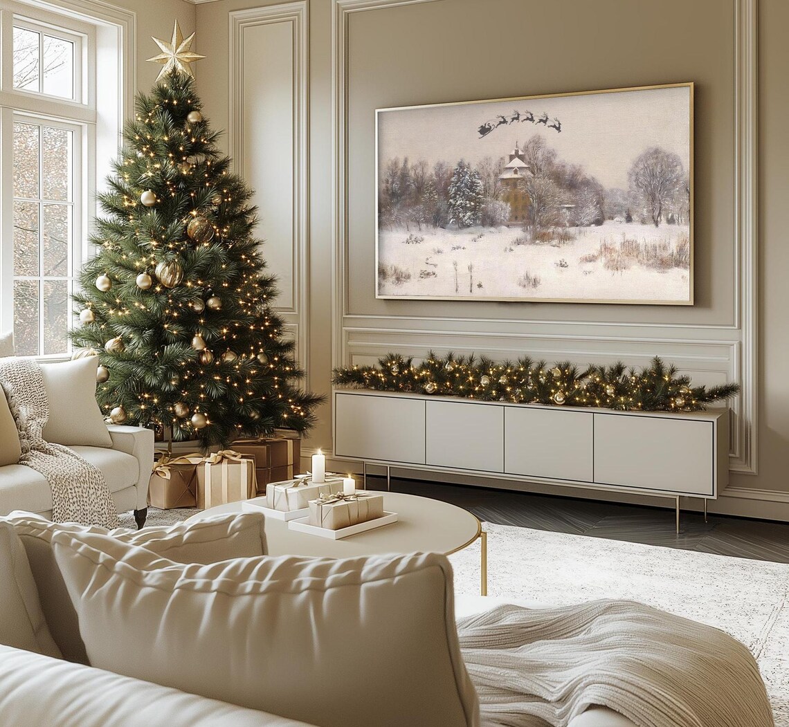 Vintage Winter Manor Santa Sleigh Silhouette Snowy Sky Painting Poster - Image 2