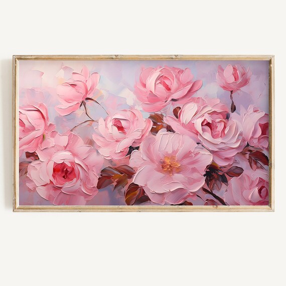 Pink Peony Roses Bouquet Lavender Textured Impasto Floral Poster