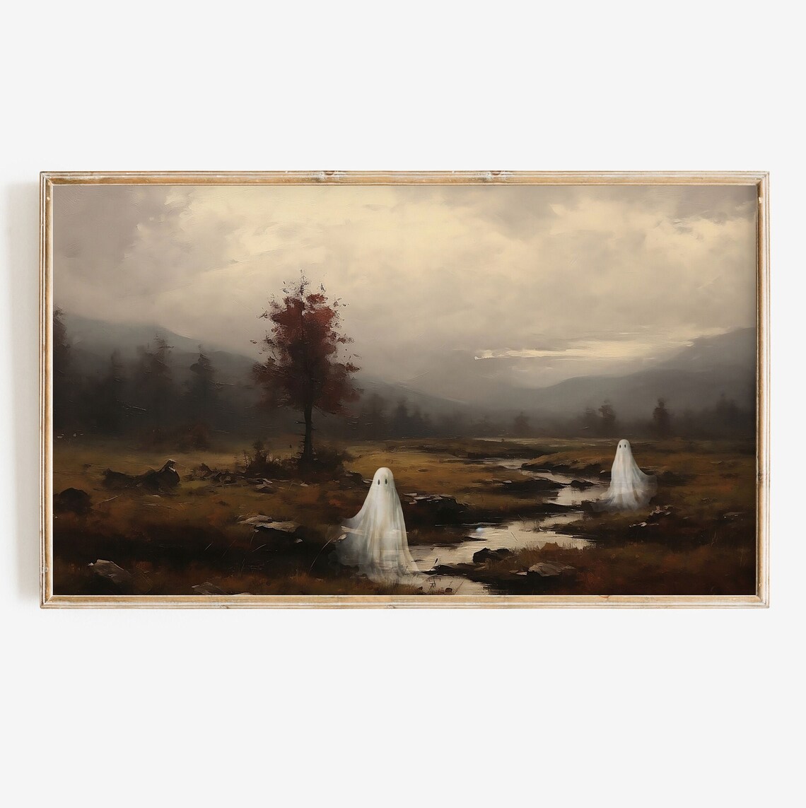 Vintage Halloween Ghost Painting, Autumn Landscape Art Print