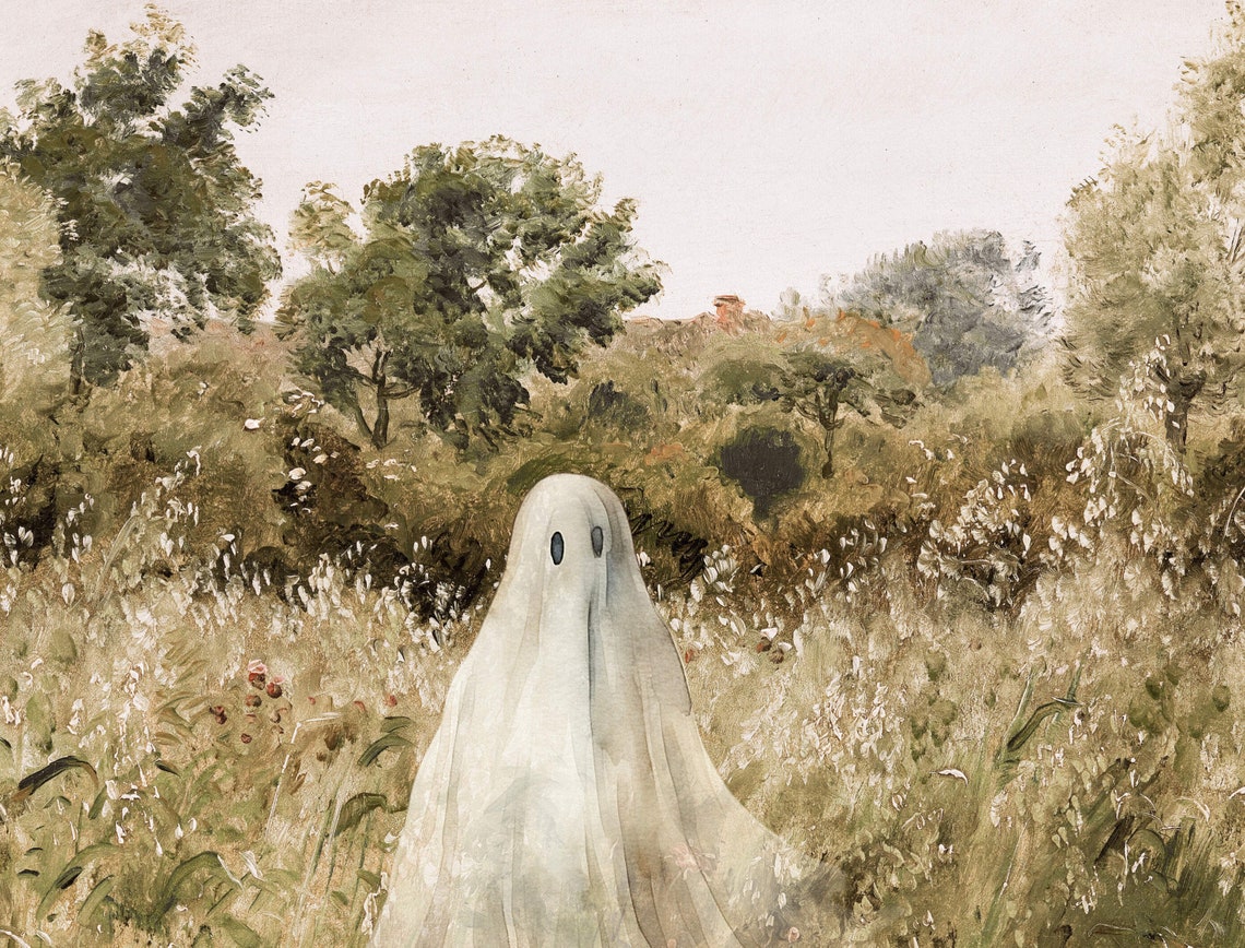 Sheet Ghost Wildflower Meadow Neutral Toned Spooky Fall Poster - Image 2