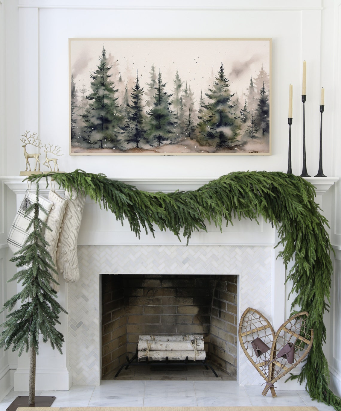 Misty Watercolor Pine Forest Neutral Tones Winter Scene Wall Art - Image 3