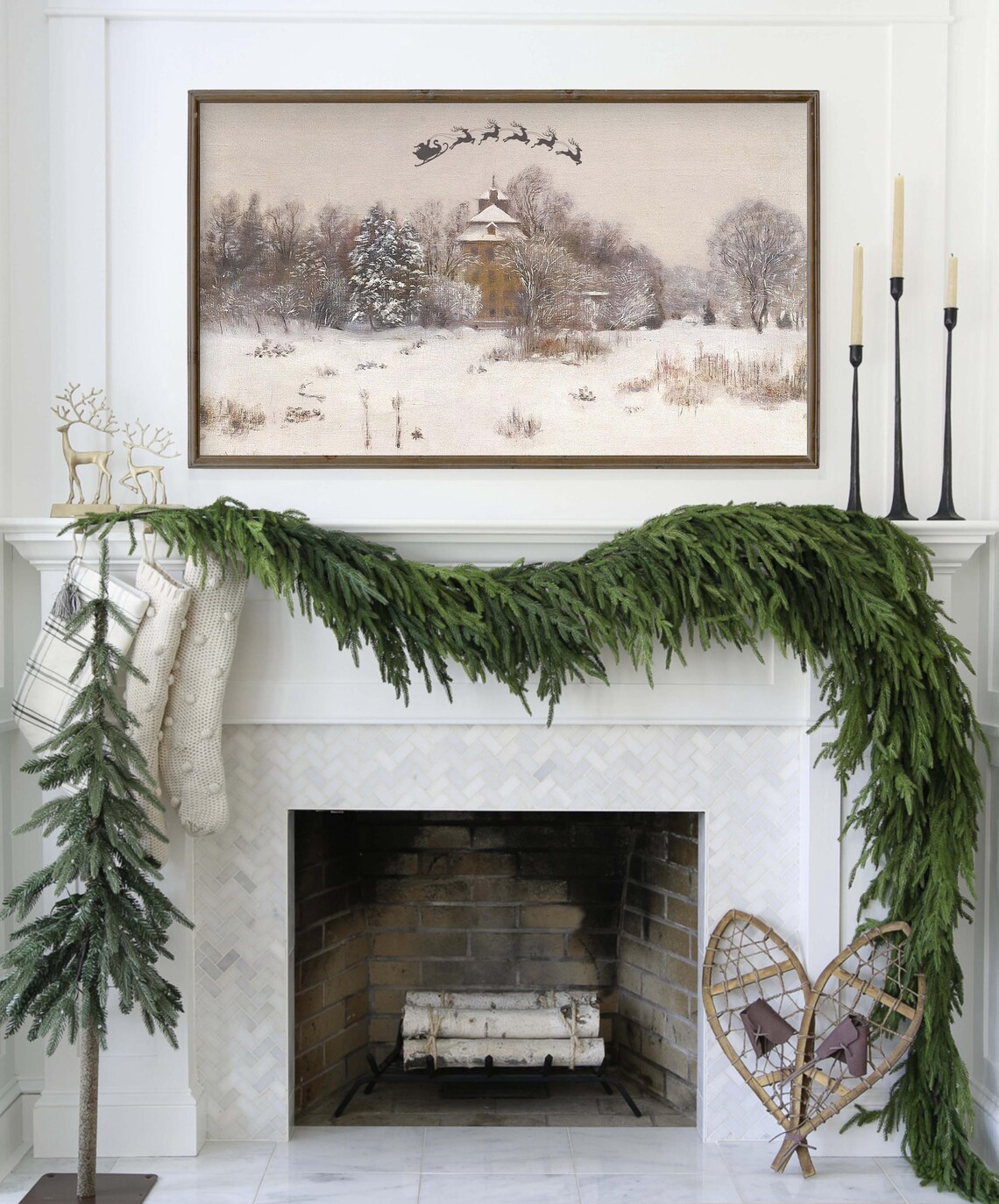 Vintage Winter Manor Santa Sleigh Silhouette Snowy Sky Painting Poster - Image 3