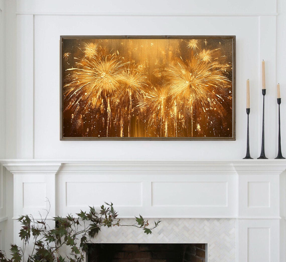 Golden Fireworks Explosion Black Background Celebration Wall Art - Image 3