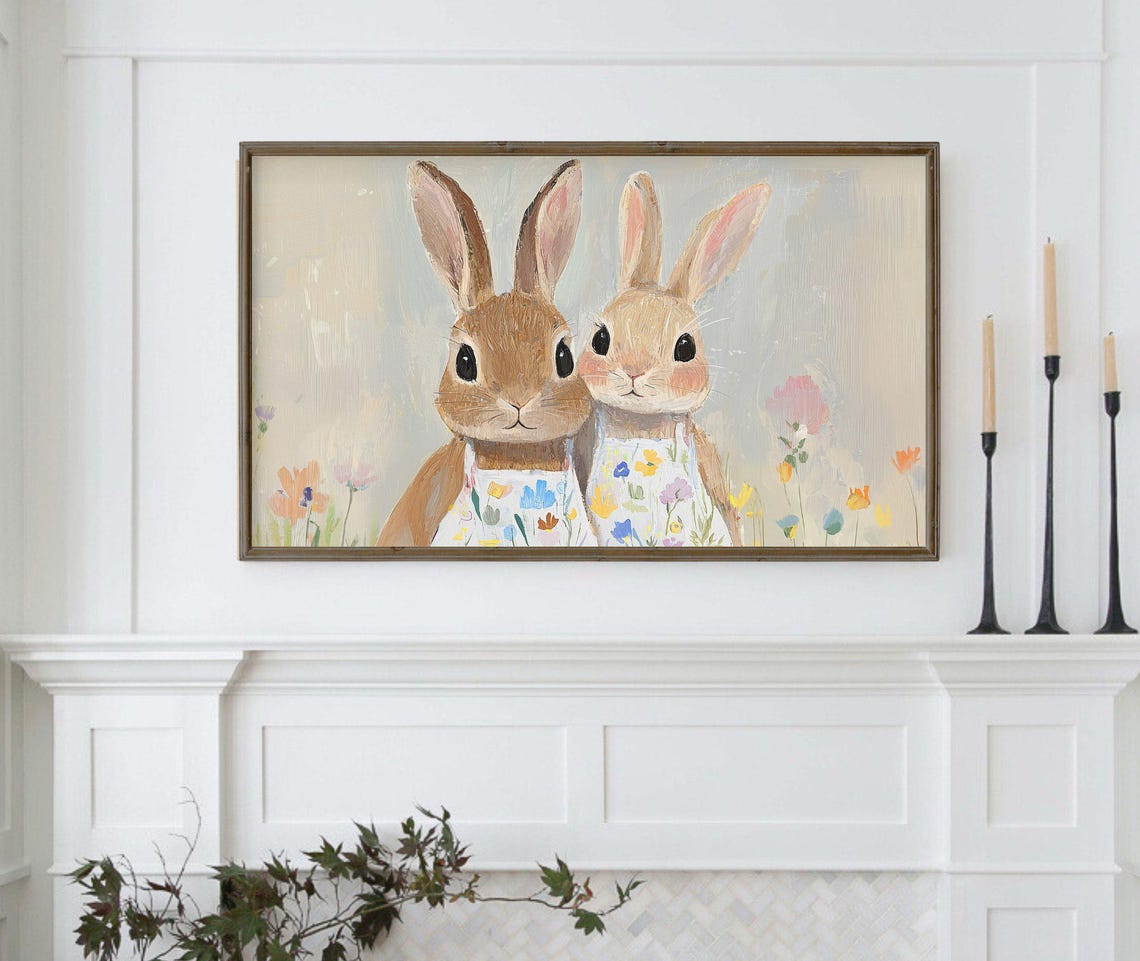 Frame Tv Art Easter Bunny Wildflower Spring Frame Tv Art Cute Rabbit Kids Art For Tv Background - Image 3