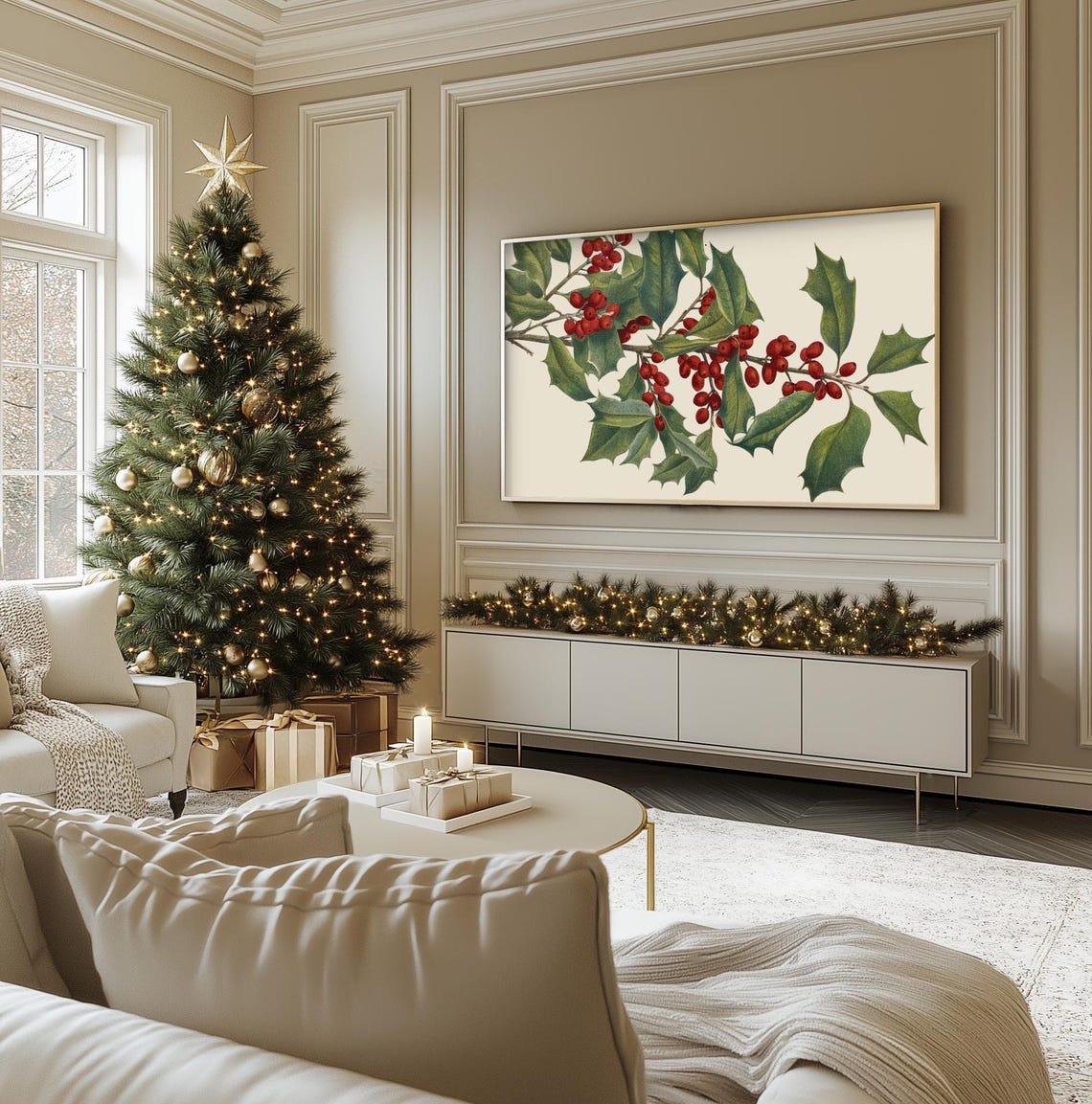 Vintage Botanical Holly Branch With Red Berries Classic Art Print - Image 3