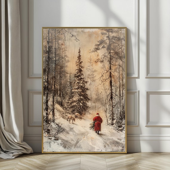 Santa And Reindeer Winter Forest Poster