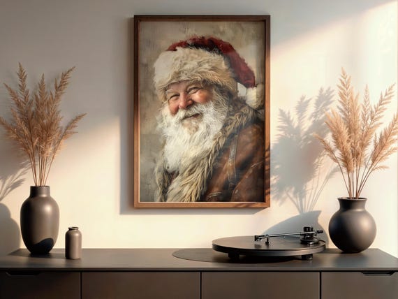 Vintage Santa Portrait, Neutral Holiday Art Print