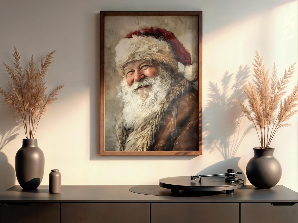 Vintage Santa Portrait, Neutral Holiday Art Print