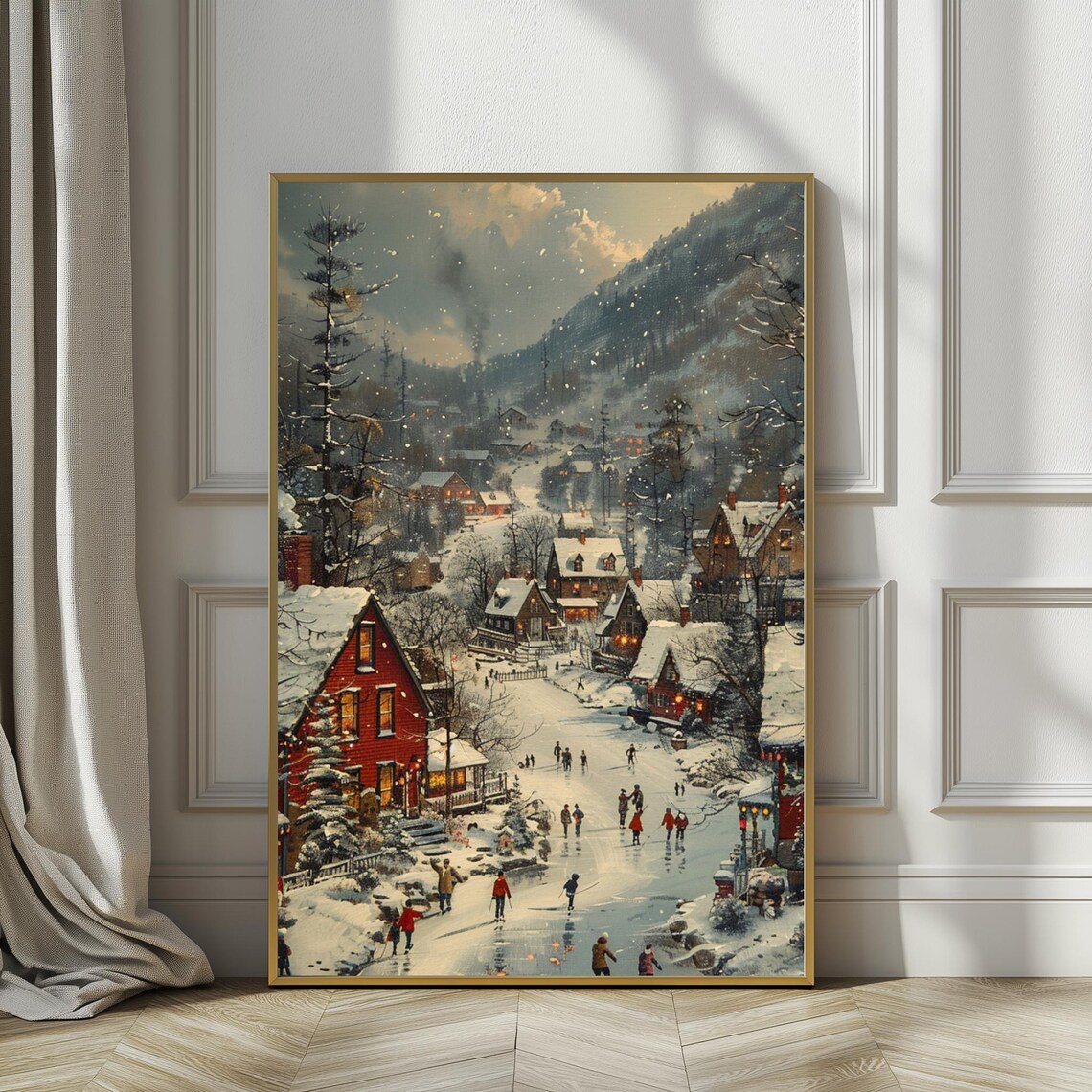 Christmas Winter Village Vintage Ice Skating Scene