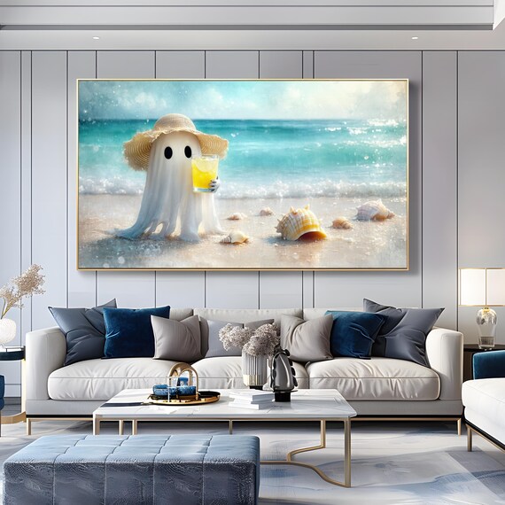Cute Ghost Beach Summer Halloween Whimsical Coastal Art Poster
