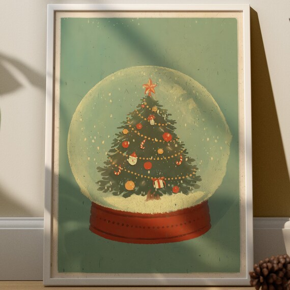 Vintage Snow Globe With Decorated Christmas Tree Sage Green Holiday Poster
