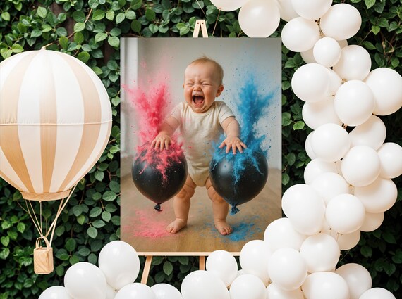 Gender Reveal Baby Powder Blast Poster Pink Blue Balloons Party Celebration Decor