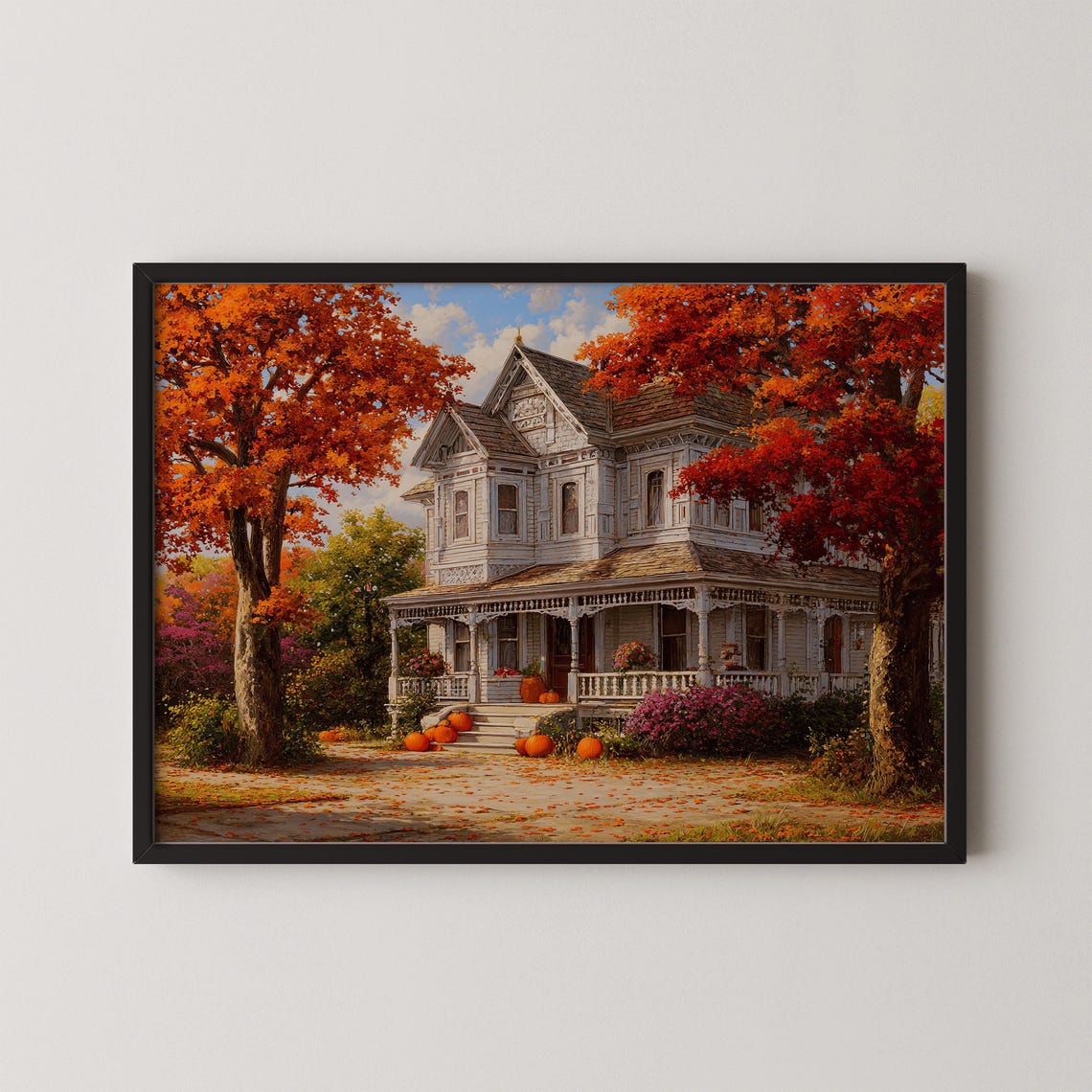 Victorian Farmhouse In Autumn With Pumpkins And Red Maples Poster
