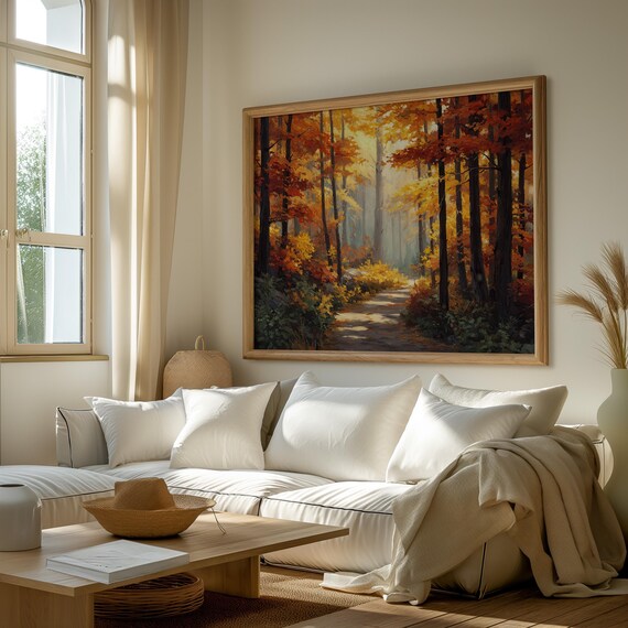 Sunlit Golden Autumn Forest Path Through Tall Fall Trees Landscape Poster