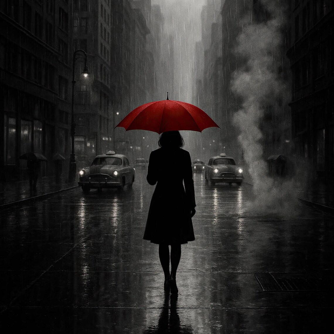 Rainy NYC Print, Red Umbrella Cityscape Art Print